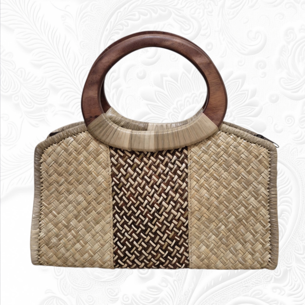Woven Natural Straw Tote with Wooden Ring Handles